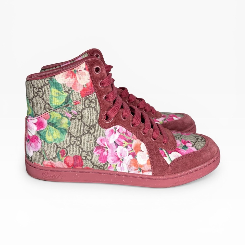 Gucci Women’s Floral High-Top Sneakers in Pink and Green Size 37